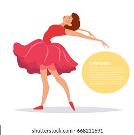 Ballerina in red dress dancing. Isolated art on white background. Vector. Cartoon. Flat