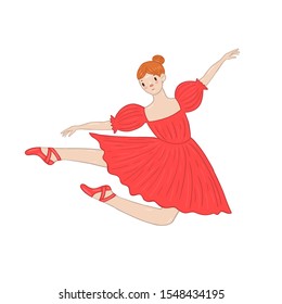 Ballerina in a red dress is jumping isolated on a white background. Vector graphics.
