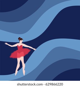 Ballerina in red dress on blue background. Space for text. Vector design.