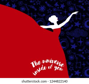 Ballerina in red dress on starry background, "The universe inside of you" poster, can be used as banner for ballet studio, vector illustration