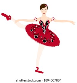 Ballerina in red tutu lacedress, pointe shoes, dancing and posing, vector ballet