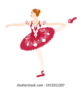 Ballerina in red tutu lacedress, pointe shoes, dancing and posing, vector ballet