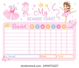 Ballerina reward chart for girls and boys. Cute Ballerina. Table of behavior, chores and routine work of kids. Vector