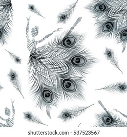 Ballerina. Seamless Pattern with abstract ballerinas on white background. Vector vintage ornament with black peacock feathers.