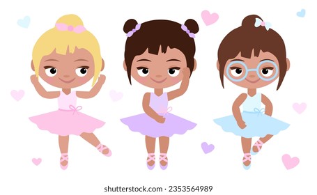 Juego de Ballerina. Cuta colección de dibujos animados para niñas. Niña divertida bailarina. Chica con gafas. Ilustración vectorial aislada en fondo blanco. Una muñeca divertida. Patrón de ballet. Ropa rosa, azul, púrpura. 