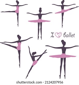 Ballerina silhouette ballet dance poses. I love ballet. Vector illustration 