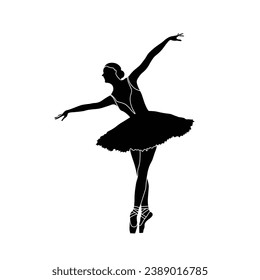 Ballerina silhouette flat vector on white background. Collection of ballet dance positions. Black and white ballet dancer icon. Performing arts.