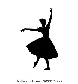 Ballerina silhouette. Girl in classical dress and pointe shoes dancer ballet dance on performance in theatre. Ballerina in dancing motion. Vector black isolated illustration.