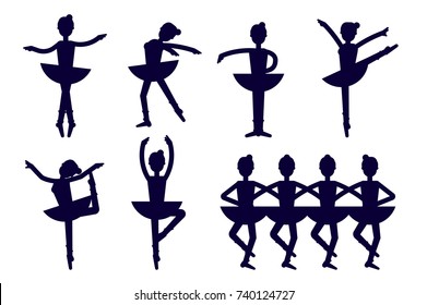 Ballerina silhouette poses isolated on white background. Ballet icons vector. Ballet dancer, princess, ballerina girl in dancing vector stock illustration. Swan lake illustration. 