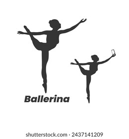 Ballerina Silhouette Vector Isolated On White Background - Ballerina Holding A Phone While Balansing On One Foot