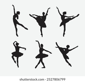 Ballerina silhouettes vector illustration set. Beautiful female ballet dancer. Isolated on white background.