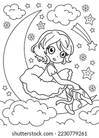 La bailarina se sienta en la luna. Libro de colores con bailarina. Bailando. Ilustración vectorial en blanco y negro.