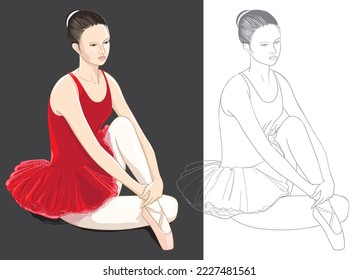 Ballerina. Sitting girl in ballet shoes and a ballet leotard, tutu. Outline and full color drawing. Vector isolated illustration for coloring book, card, banner, wall picture, wall art.