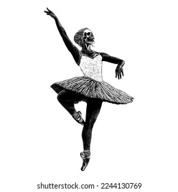 Vector de dibujo de la mano bailarina del cráneo Ballerina aislado en fondo blanco.