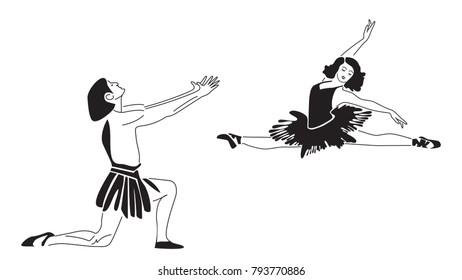 Ballerina and soloist of the ballet. Graphic man's and female silhouette in black and white colors. Professional ballet dancer for banners, shop, advertising, prints, posters. 