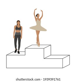 Ballerina and sportswoman stand on a pedestal on a white background