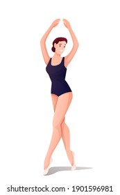 Ballerina standing in pose. Young woman in ballet school class vector illustration. Beautiful happy girl training or performing. Vertical portrait of elegant dancer on white background.
