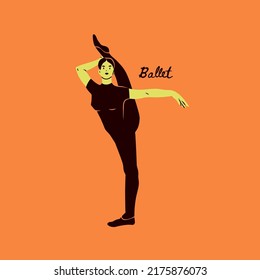 Ballerina stands on one foot. Young woman stretching. Fitness, classical dancing, ballet, yoga school concept. Hand drawn modern Vector illustration. Cartoon style isolated character