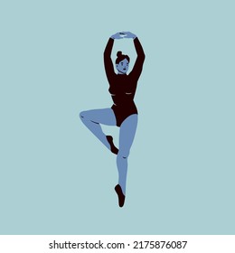 Ballerina stands on one foot. Dancing woman. Fitness, classical dancing, ballet school concept. Hand drawn modern Vector illustration. Cartoon style isolated character
