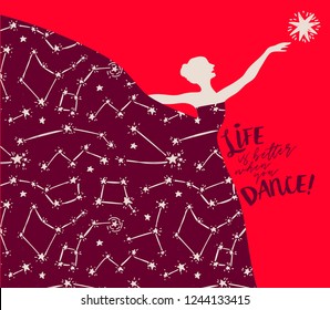 Ballerina in starry dress, "Life is better when you dance!" poster, can be used as banner for ballet studio, vector illustration