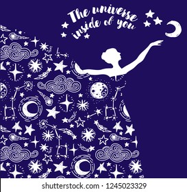 Ballerina in starry dress, "The universe inside of you" poster, can be used as banner for ballet studio, blue and white, vector illustration