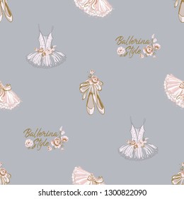 Ballerina style seamless pattern with tutu, pointe and rose flowers. Gold and pink vintage watercolor illustration on blue background. Ballet dance school promo backdrop.