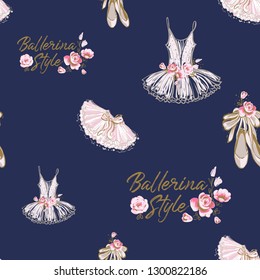 Ballerina style seamless pattern with tutu, pointe and rose flowers. Gold and pink vintage watercolor illustration on blue background. Ballet dance school promo backdrop.