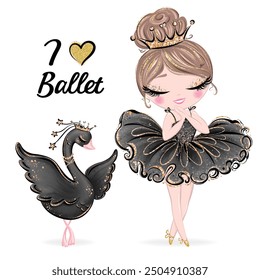 Bailarina y cisne, ilustración dibujada a mano, Ilustración vectorial