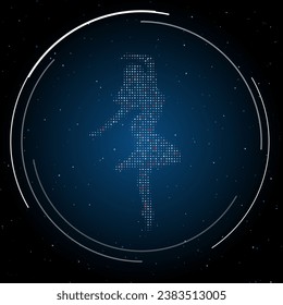 The ballerina symbol filled with white dots. Pointillism style. Some dots is red. Vector illustration on blue background with stars