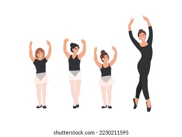 Ballerina, profesora y niñitas bailando ballet clásico. Dibujo de la clase ballet sobre ilustración vectorial plana aislada en fondo blanco.