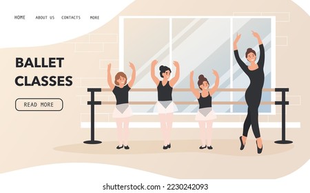 Ballerina, profesora y niñitas bailando ballet clásico. Concepto de vector de dibujos animados de clase ballet para banner, sitio web, ilustración, página de inicio.