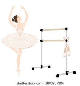 Ballerina en calzado de tutu, zapatillas de punta, barre, clase de ballet, baile y posa, ballet vectorial