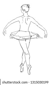 Ballerina in tutu and pointe shoes. Classical choreography. Ballet school. Elegant silhouette of a dancing ballerina. View from the back. Black contour on white background. Vector