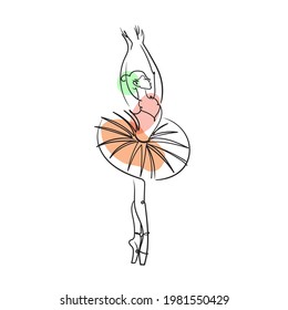 Ballerina in tutu and pointe shoes with geometric shapes.Ballet dancer silhouette. Realistic ballerina, beautiful woman against white background. Ballet banner. Line Vector illustration.