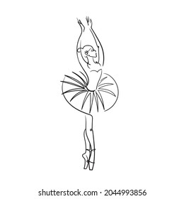 Ballerina in tutu and pointe shoes.Ballet dancer silhouette. Realistic ballerina, beautiful woman against white background. Ballet banner. Line Vector illustration.
