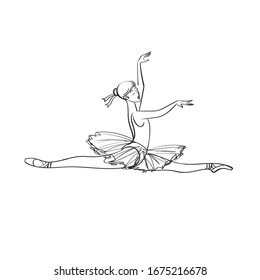 Ballerina in twine. Ballerina in tutu and pointe shoes. Vector Linear isolated drawing illustration.Woman ballerina.Dancer is jumping.  