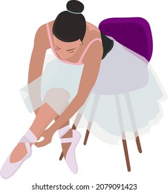 ballerina tying pointe shoes while sitting on a chair