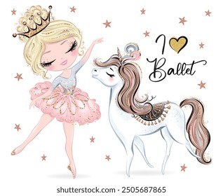 Ballerina and Unicorn, Hand Drawn Illustrations, Vector Illustration