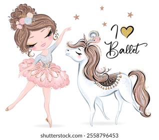 Ballerina and Unicorn, Hand Drawn Illustrations, Vector Illustration