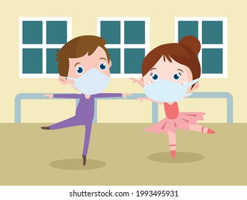 Ballerina vector concept. Two little kids wearing face mask while dancing ballet in the class