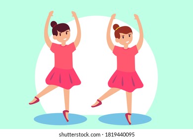 Ballerina vector concept: Two young girls dancing ballet together while wearing ballerina costume 