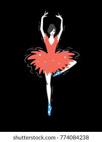 Ballerina vector illustration isolated on background. Modern hand drawn woman dancing in red costume.  