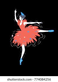 Ballerina vector illustration isolated on background. Modern hand drawn woman dancing in red costume.  