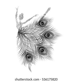 Ballerina. Vector isolated abstract black and white silhouette with peacock feathers.