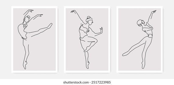 Ballerina Wall Art Set Desenho De Linha De Estilo Minimalista. Mulher Dança Contorno Preto Esboço Ilustração. Balé Moderno Minimalista Contorno Desenho. Mulher Ballerina Linear Vetor Ilustração