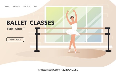 Ballerina con vestido de seda blanca y zapatos de punta, plantilla clásica de la página de aterrizaje de bailarines de ballet. Mujer caricaturista en el estudio de danza Vector Illustración. Coreografía, profesora de danza
