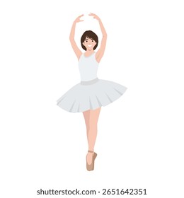 Ballerina in a white tutu gracefully holds a classic ballet pose. Flat vector illustration isolated on white background