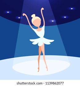 ballerina woman dancing ballet stage background female cartoon character full length flat vector illustration