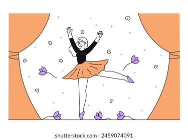 Ballerina woman performs at scene simple. Young girl in skirt and black sweater at stage. Entertainment and leisure. Dancer at show. Doodle flat vector illustration isolated on white background