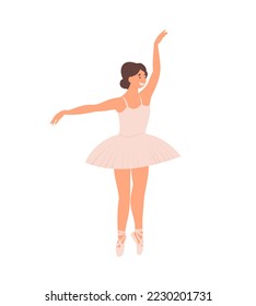 Ballerina, Young graceful woman ballet dancer. Elegant ballerina in pink tutu dress, dancing on pointe shoes cartoon flat vector illustration isolated on the white background